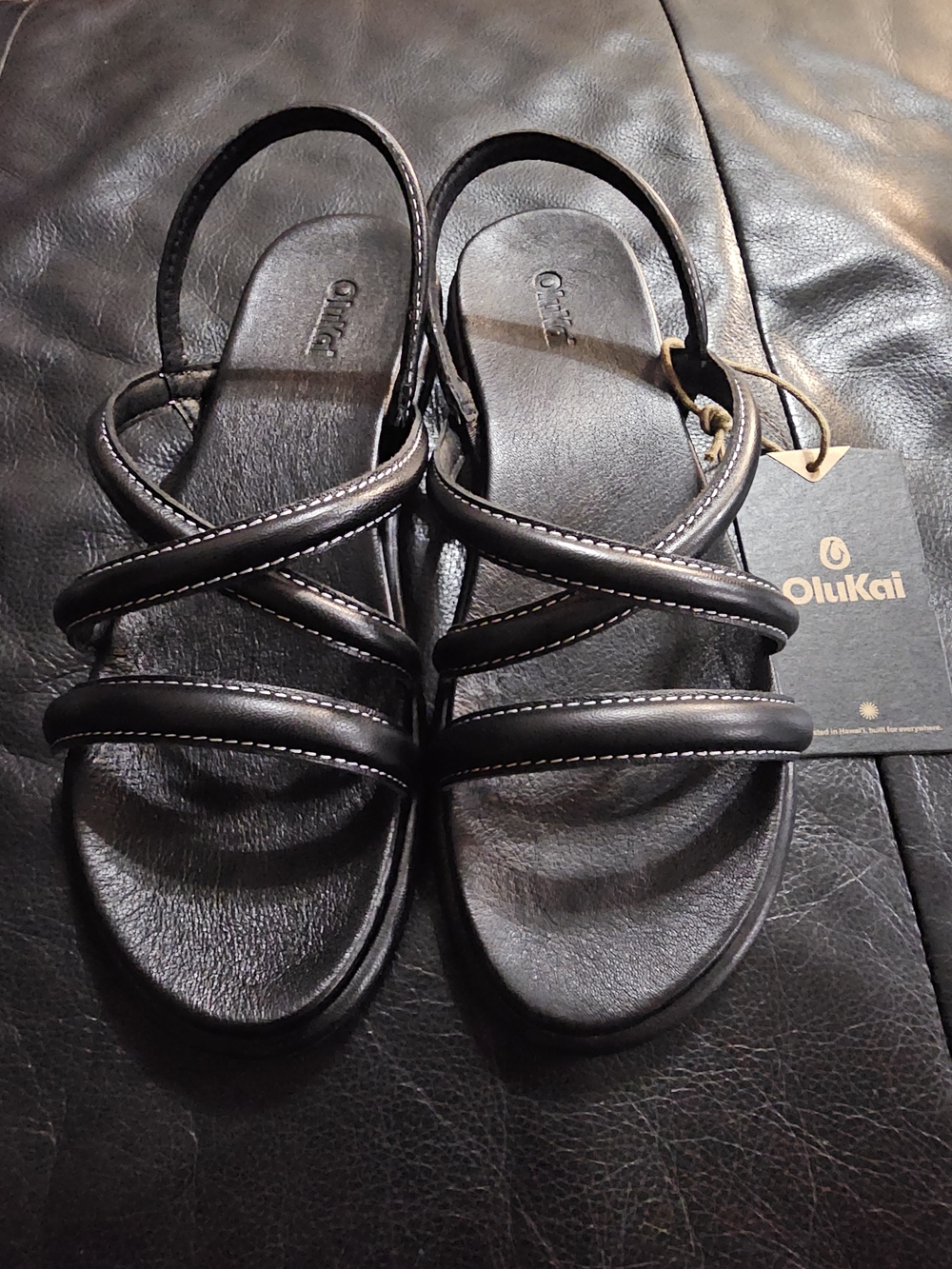 OluKai Women's Black Leather Multi-Strap Sandals